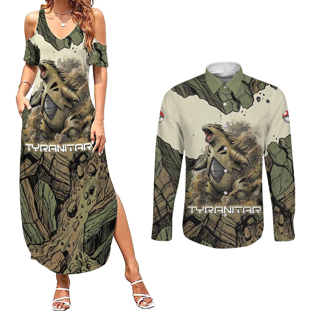 Tyranitar Rock Smash Couples Matching Summer Maxi Dress and Long Sleeve Button Shirt Tyranitar’s Seismic Roar - Monster of the Mountains