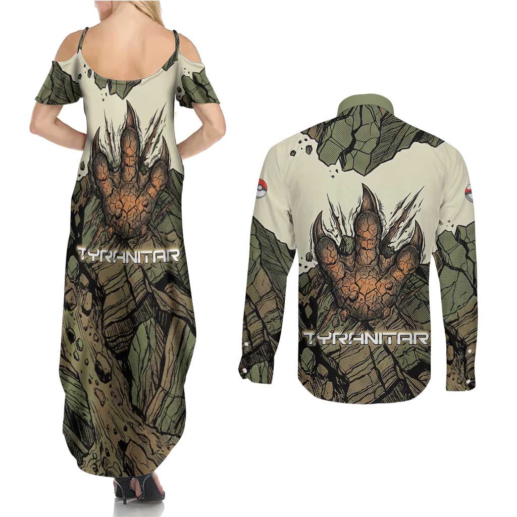Tyranitar Rock Smash Couples Matching Summer Maxi Dress and Long Sleeve Button Shirt Tyranitar’s Seismic Roar - Monster of the Mountains