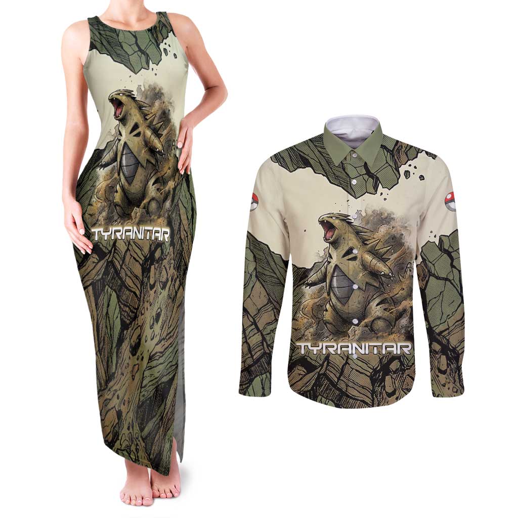 Tyranitar Rock Smash Couples Matching Tank Maxi Dress and Long Sleeve Button Shirt Tyranitar’s Seismic Roar - Monster of the Mountains