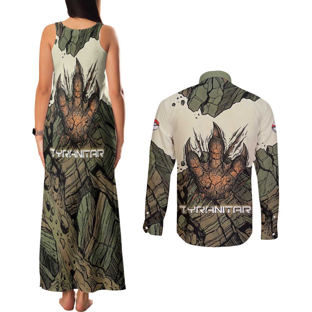 Tyranitar Rock Smash Couples Matching Tank Maxi Dress and Long Sleeve Button Shirt Tyranitar’s Seismic Roar - Monster of the Mountains