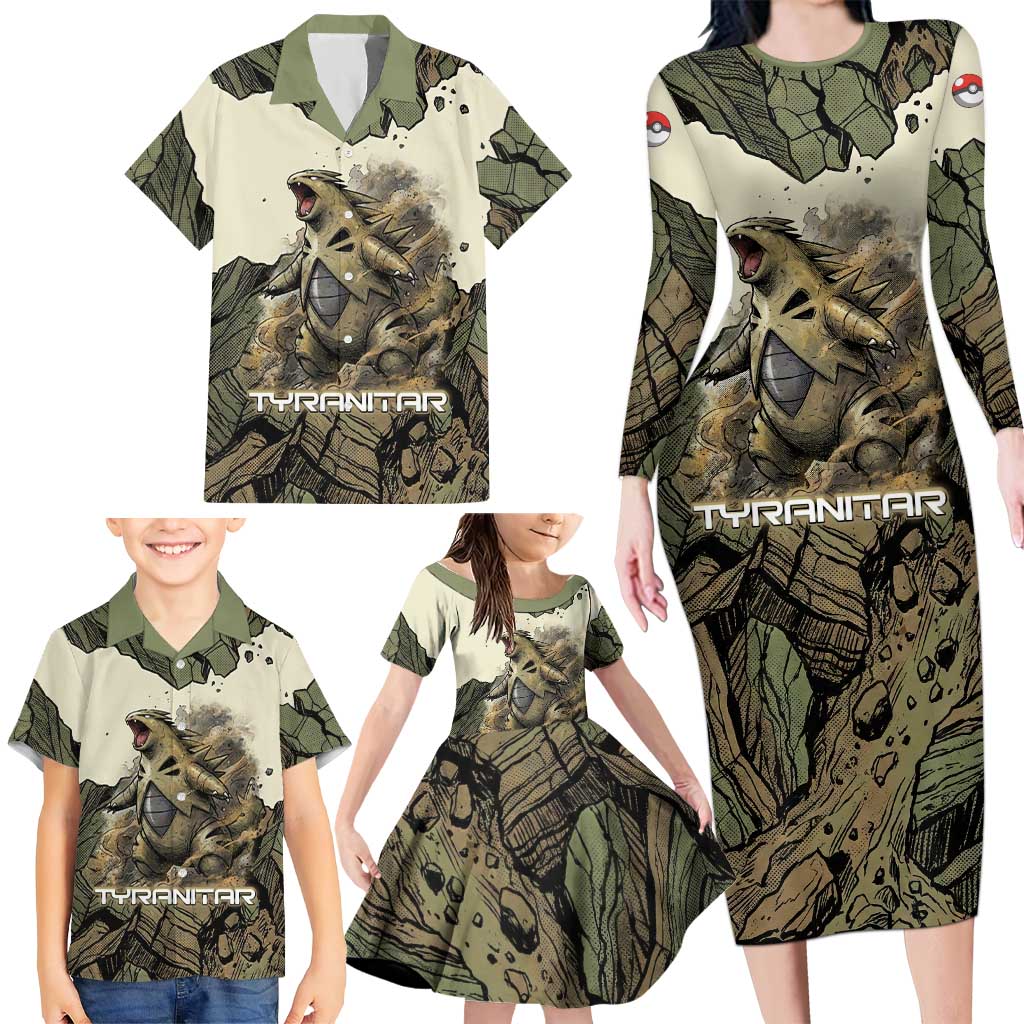 Tyranitar Rock Smash Family Matching Long Sleeve Bodycon Dress and Hawaiian Shirt Tyranitar’s Seismic Roar - Monster of the Mountains