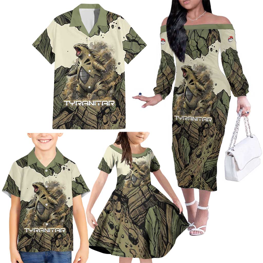 Tyranitar Rock Smash Family Matching Off The Shoulder Long Sleeve Dress and Hawaiian Shirt Tyranitar’s Seismic Roar - Monster of the Mountains