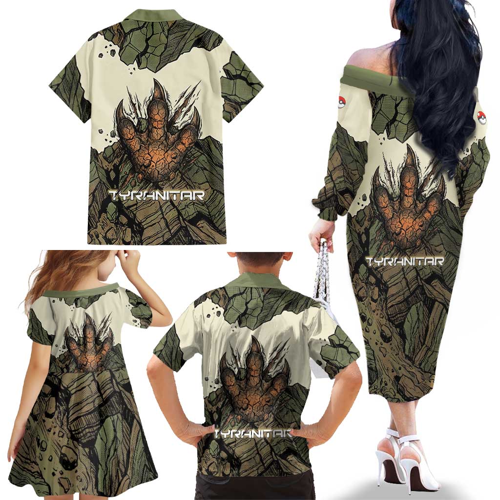 Tyranitar Rock Smash Family Matching Off The Shoulder Long Sleeve Dress and Hawaiian Shirt Tyranitar’s Seismic Roar - Monster of the Mountains