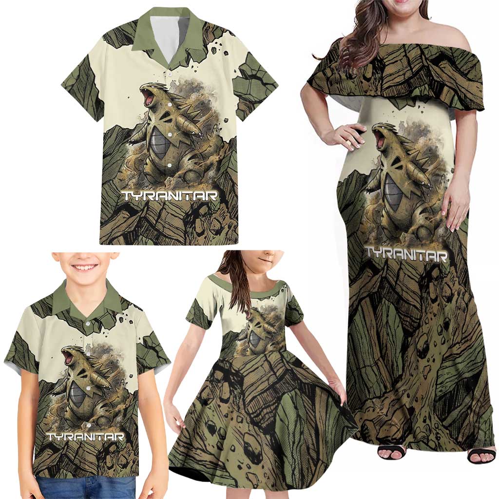 Tyranitar Rock Smash Family Matching Off Shoulder Maxi Dress and Hawaiian Shirt Tyranitar’s Seismic Roar - Monster of the Mountains