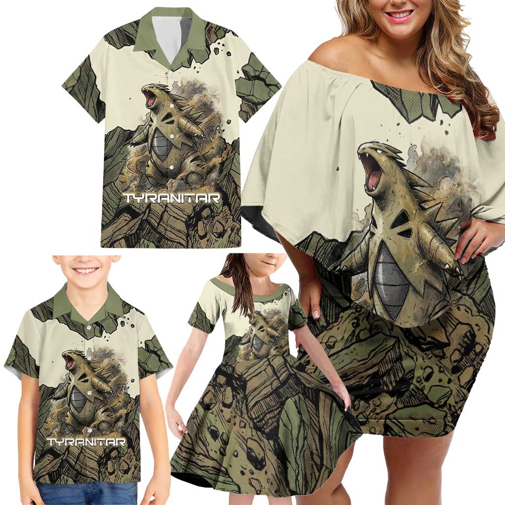 Tyranitar Rock Smash Family Matching Off Shoulder Short Dress and Hawaiian Shirt Tyranitar’s Seismic Roar - Monster of the Mountains