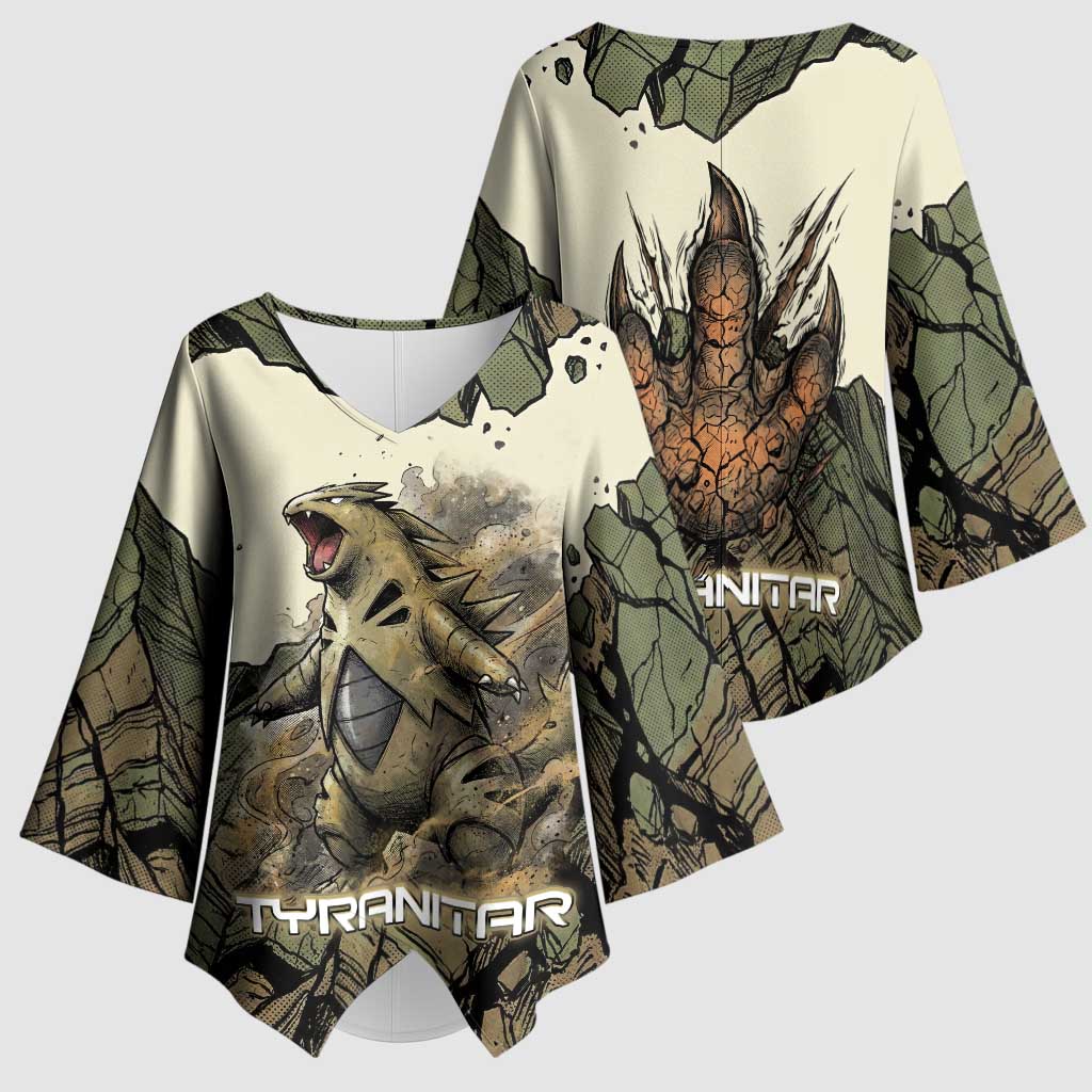 Tyranitar Rock Smash Kimono Sleeve Blouse Tyranitar’s Seismic Roar - Monster of the Mountains