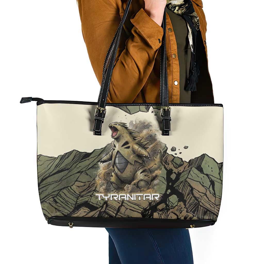 Tyranitar Rock Smash Leather Tote Bag Tyranitar’s Seismic Roar - Monster of the Mountains