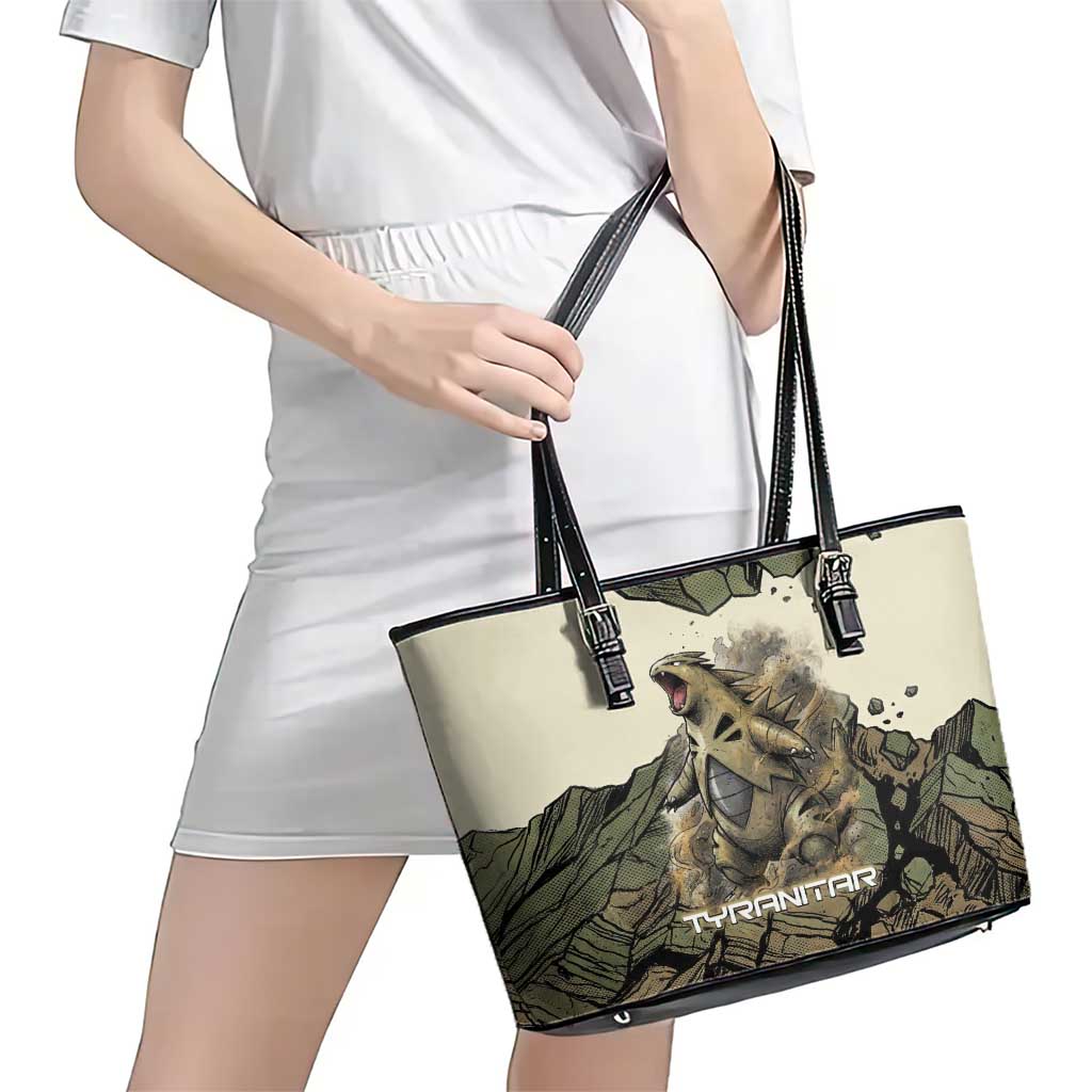 Tyranitar Rock Smash Leather Tote Bag Tyranitar’s Seismic Roar - Monster of the Mountains