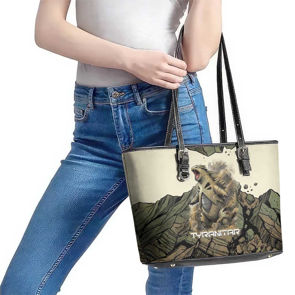 Tyranitar Rock Smash Leather Tote Bag Tyranitar’s Seismic Roar - Monster of the Mountains