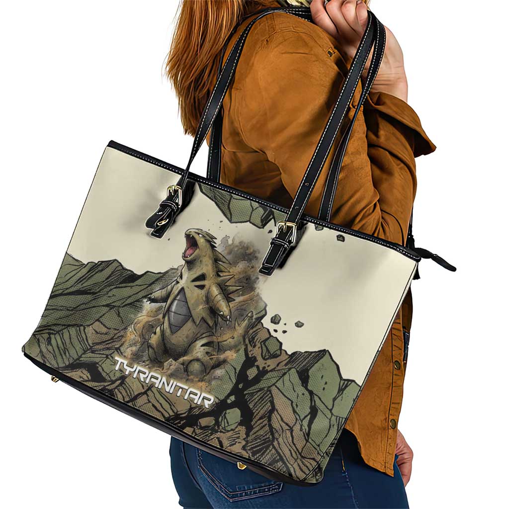 Tyranitar Rock Smash Leather Tote Bag Tyranitar’s Seismic Roar - Monster of the Mountains