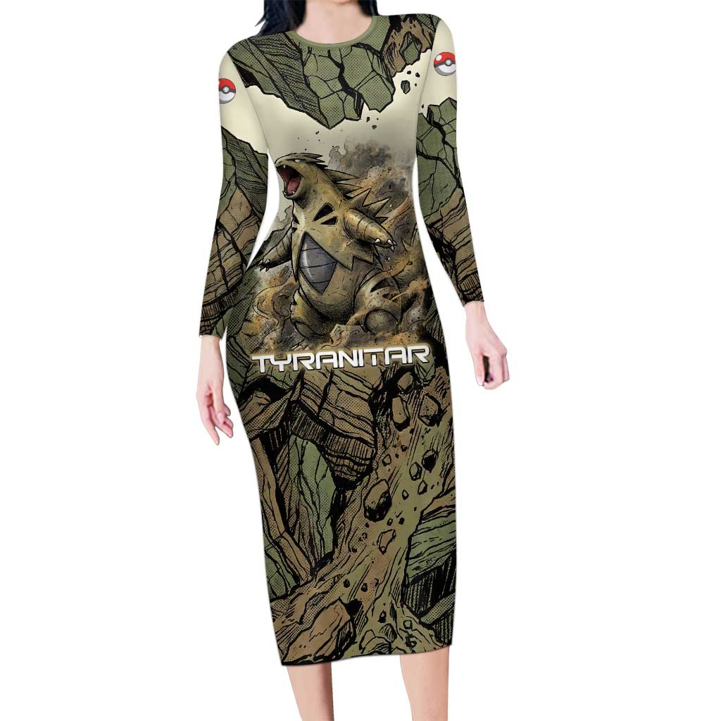 Tyranitar Rock Smash Long Sleeve Bodycon Dress Tyranitar’s Seismic Roar - Monster of the Mountains