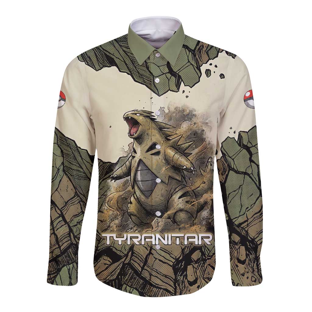 Tyranitar Rock Smash Long Sleeve Button Shirt Tyranitar’s Seismic Roar - Monster of the Mountains