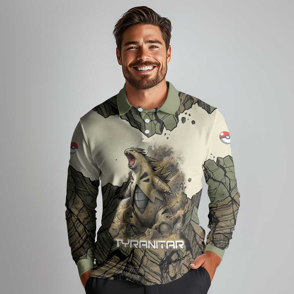 Tyranitar Rock Smash Long Sleeve Polo Shirt Tyranitar’s Seismic Roar - Monster of the Mountains