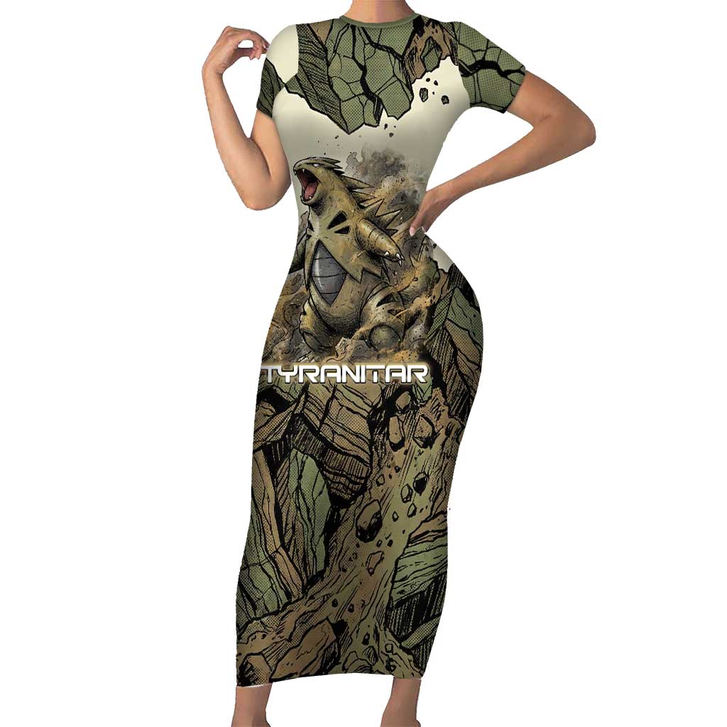 Tyranitar Rock Smash Short Sleeve Bodycon Dress Tyranitar’s Seismic Roar - Monster of the Mountains
