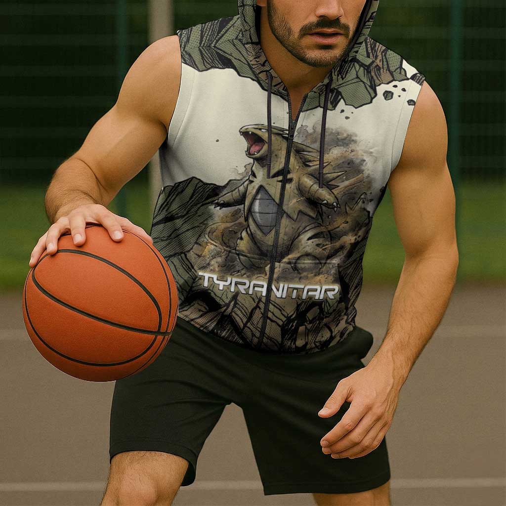 Tyranitar Rock Smash Sleeveless Zip Hoodie Tyranitar’s Seismic Roar - Monster of the Mountains