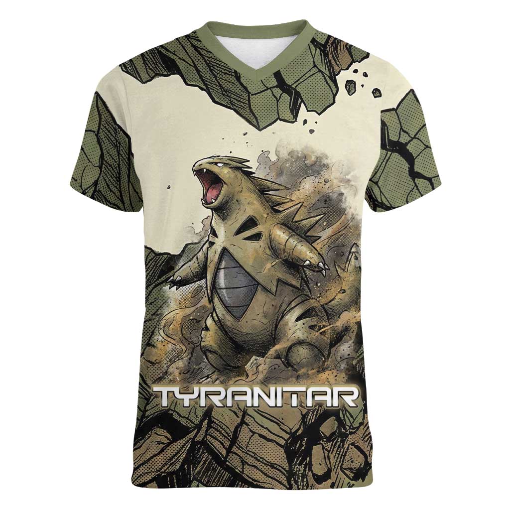 Tyranitar Rock Smash Women V-Neck T-Shirt Tyranitar’s Seismic Roar - Monster of the Mountains
