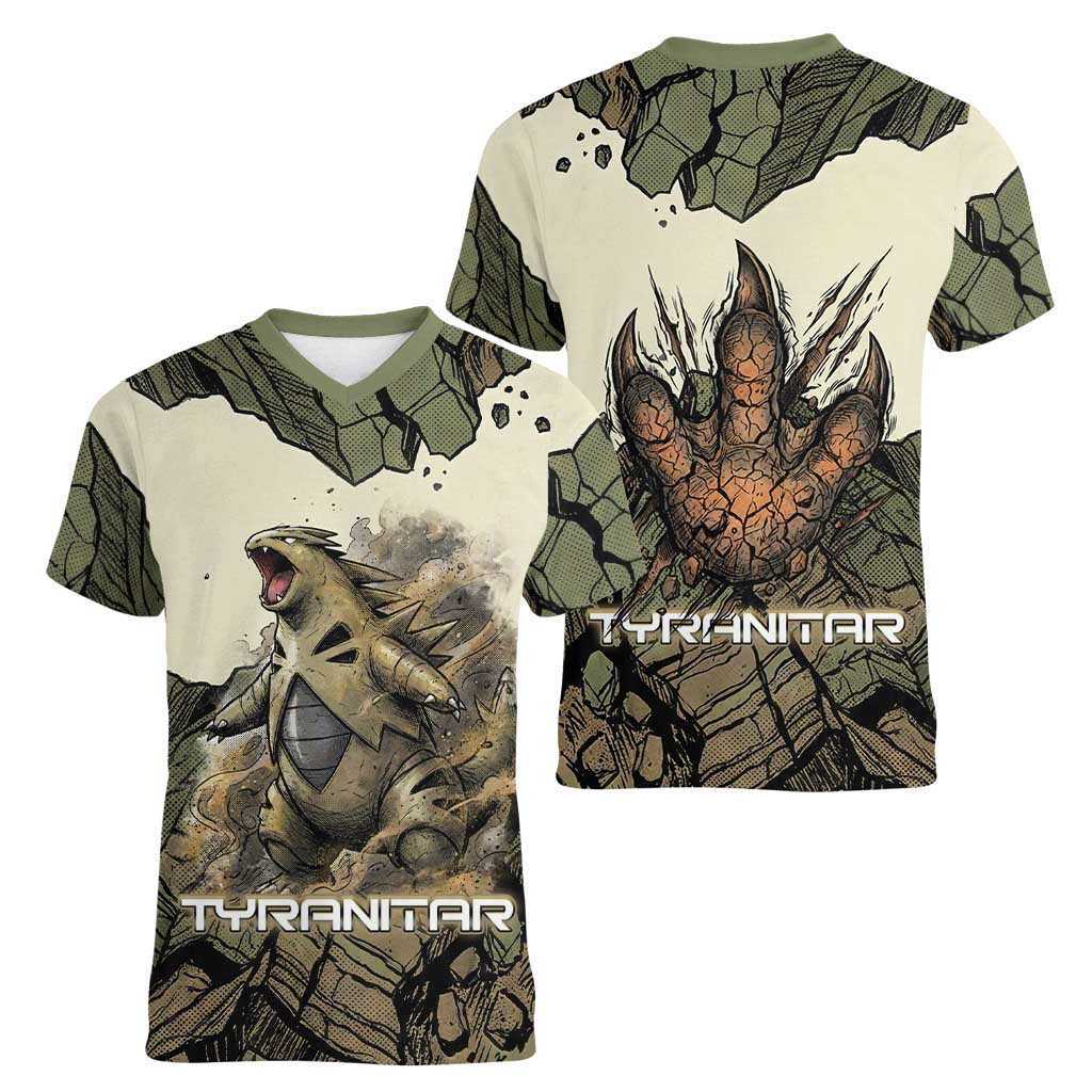 Tyranitar Rock Smash Women V-Neck T-Shirt Tyranitar’s Seismic Roar - Monster of the Mountains