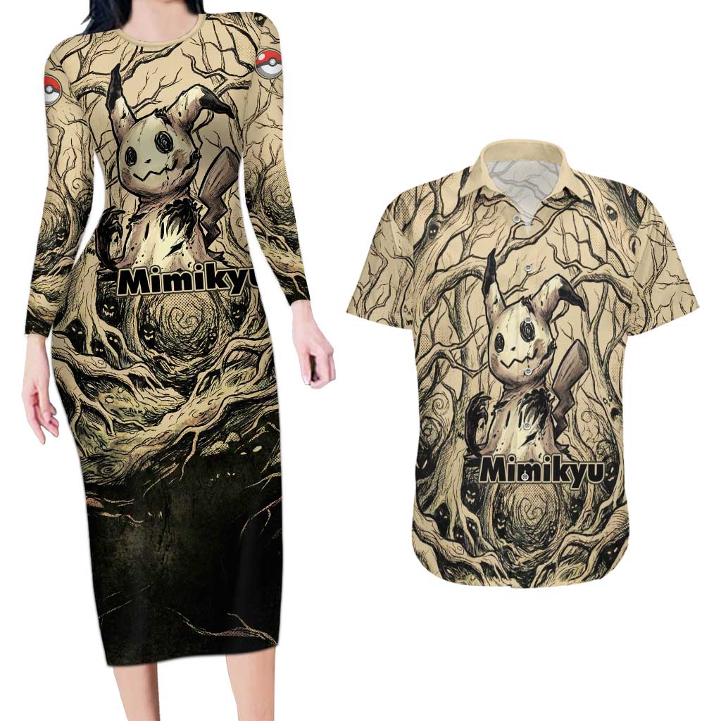 Mimikyu Forest Shadows Couples Matching Long Sleeve Bodycon Dress and Hawaiian Shirt Mimikyu’s Curse - Shadows Beneath the Mask