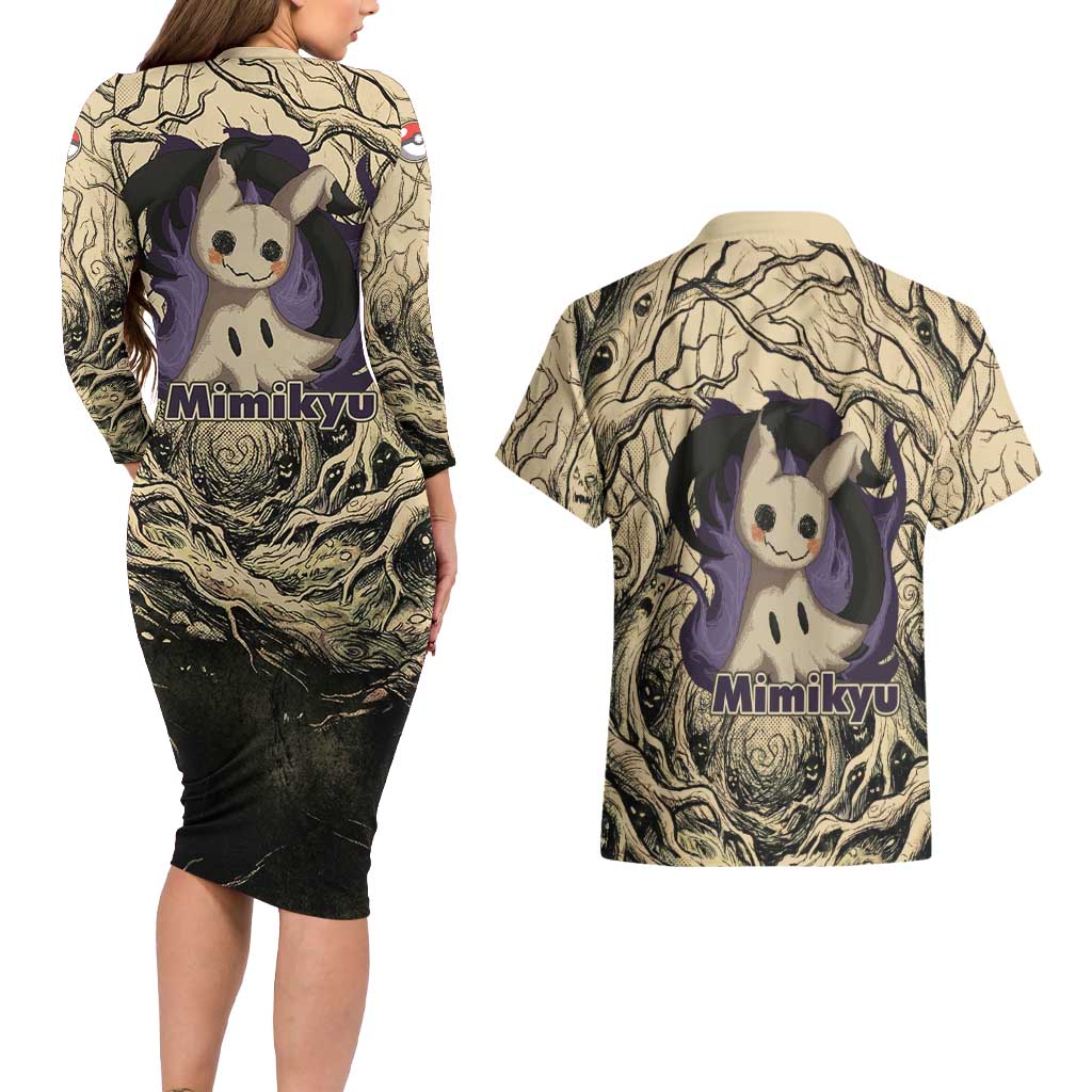 Mimikyu Forest Shadows Couples Matching Long Sleeve Bodycon Dress and Hawaiian Shirt Mimikyu’s Curse - Shadows Beneath the Mask