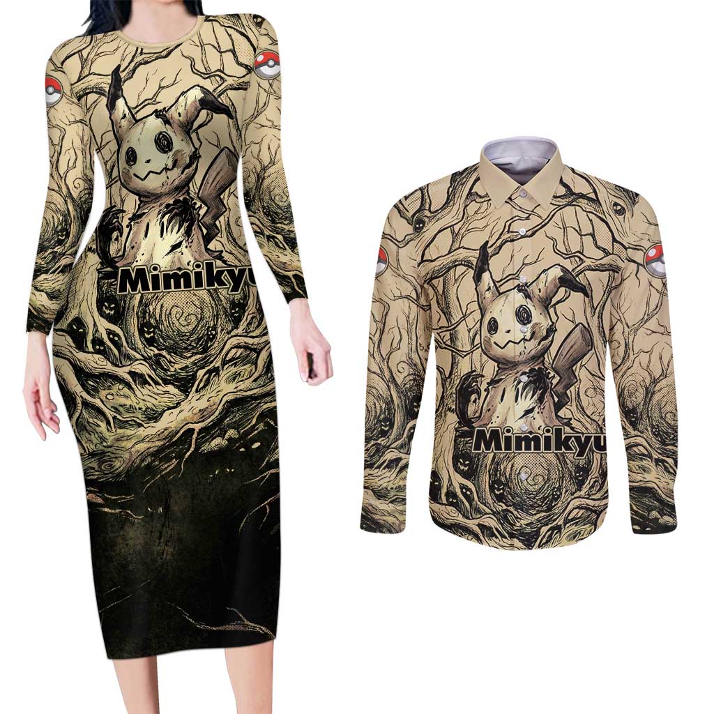 Mimikyu Forest Shadows Couples Matching Long Sleeve Bodycon Dress and Long Sleeve Button Shirt Mimikyu’s Curse - Shadows Beneath the Mask