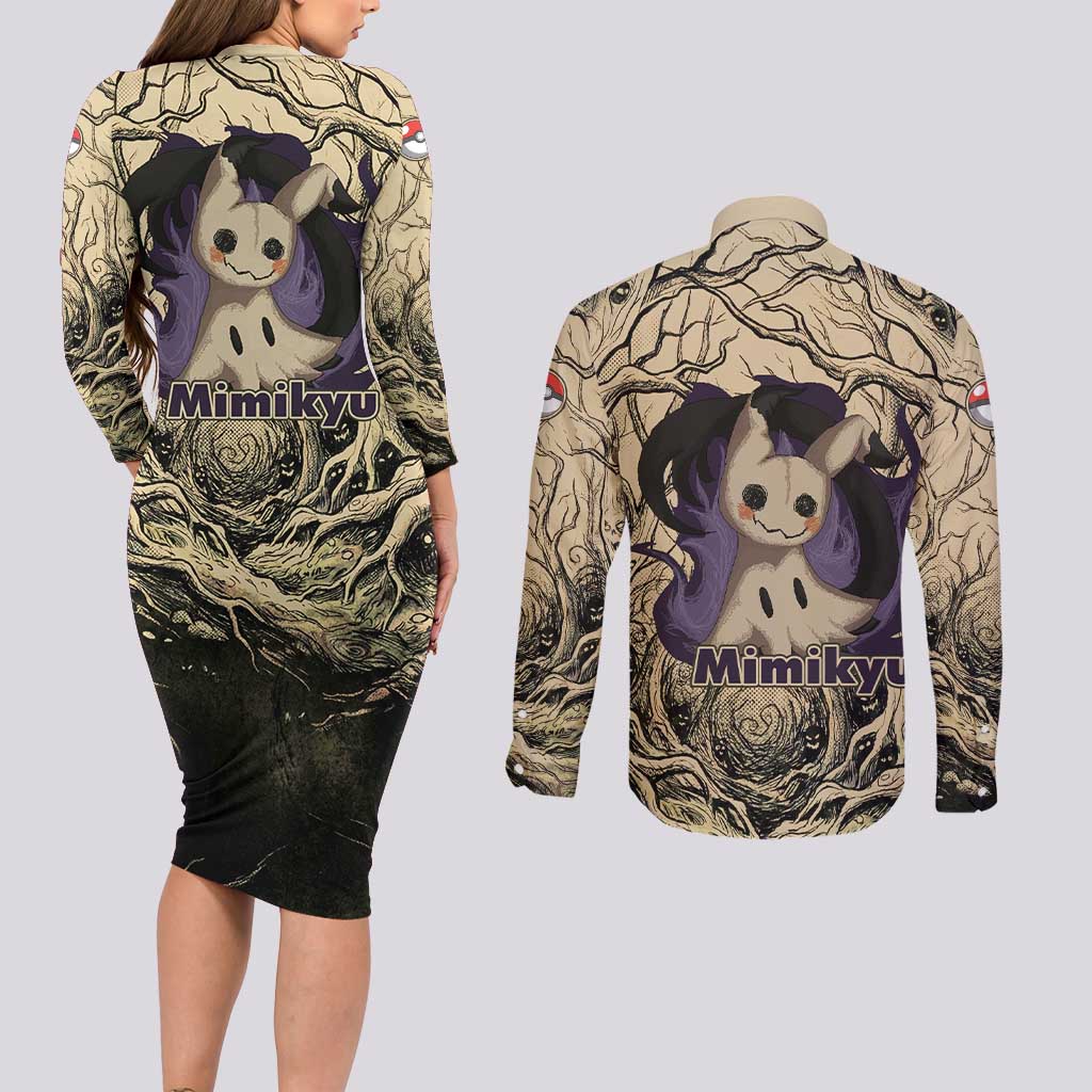 Mimikyu Forest Shadows Couples Matching Long Sleeve Bodycon Dress and Long Sleeve Button Shirt Mimikyu’s Curse - Shadows Beneath the Mask