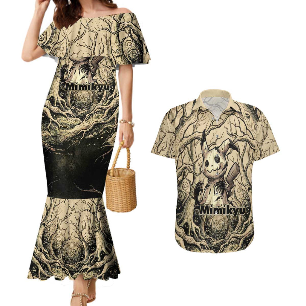 Mimikyu Forest Shadows Couples Matching Mermaid Dress and Hawaiian Shirt Mimikyu’s Curse - Shadows Beneath the Mask
