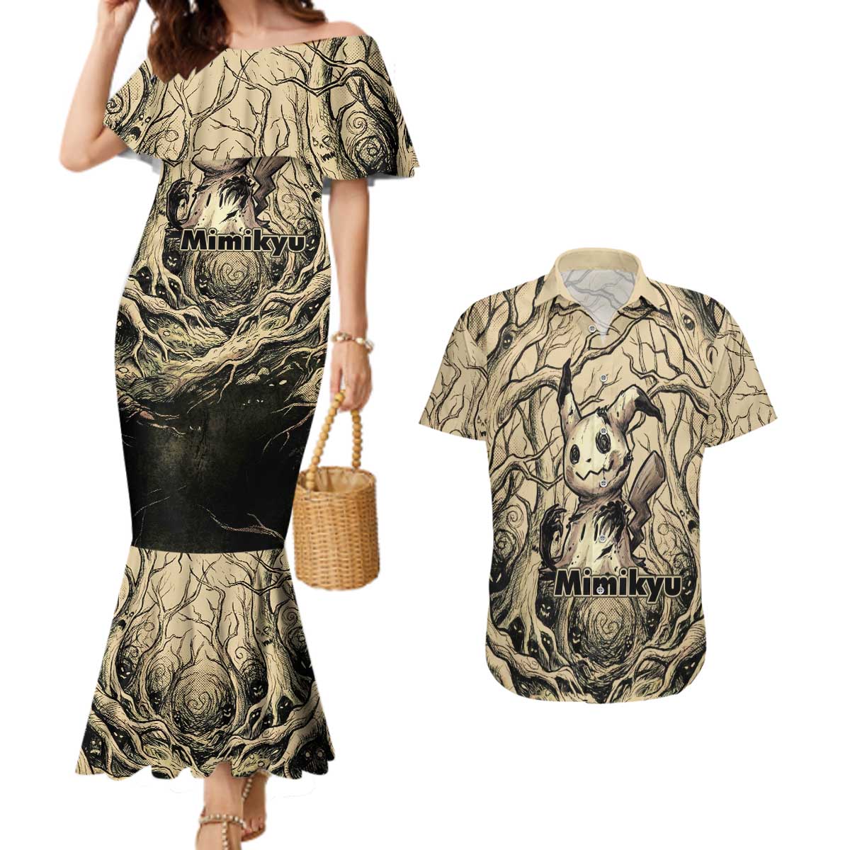 Mimikyu Forest Shadows Couples Matching Mermaid Dress and Hawaiian Shirt Mimikyu’s Curse - Shadows Beneath the Mask