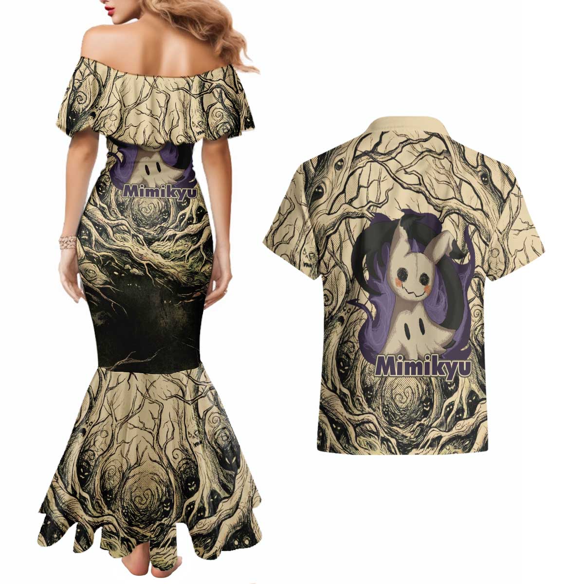 Mimikyu Forest Shadows Couples Matching Mermaid Dress and Hawaiian Shirt Mimikyu’s Curse - Shadows Beneath the Mask