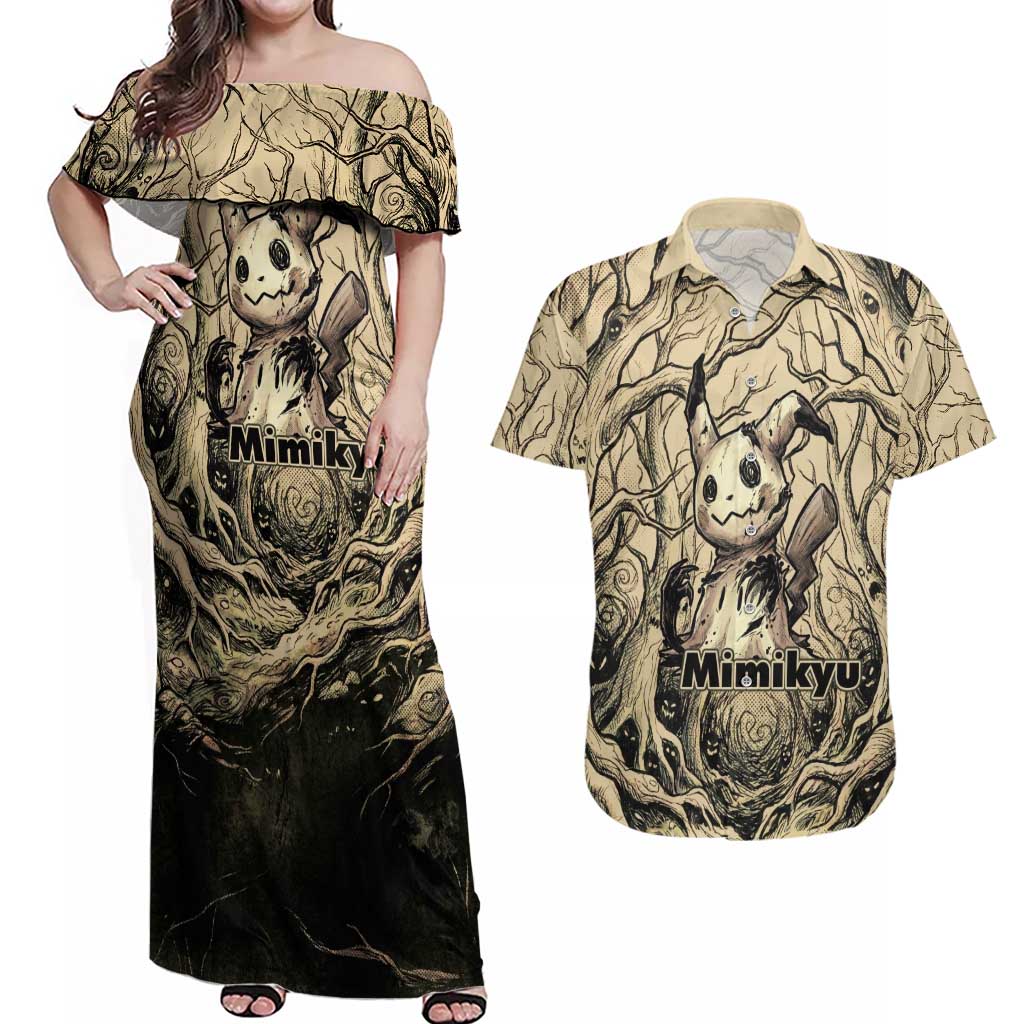 Mimikyu Forest Shadows Couples Matching Off Shoulder Maxi Dress and Hawaiian Shirt Mimikyu’s Curse - Shadows Beneath the Mask