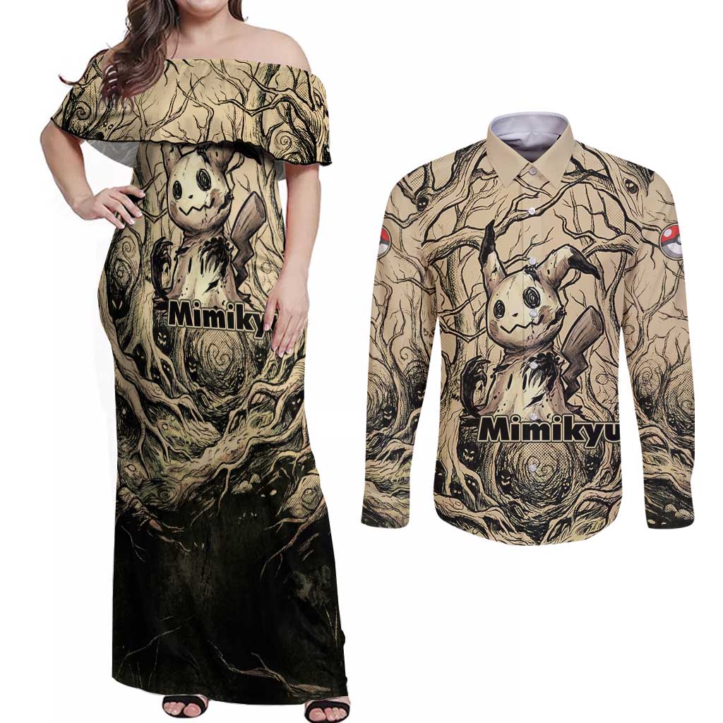 Mimikyu Forest Shadows Couples Matching Off Shoulder Maxi Dress and Long Sleeve Button Shirt Mimikyu’s Curse - Shadows Beneath the Mask