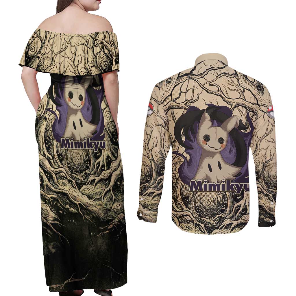 Mimikyu Forest Shadows Couples Matching Off Shoulder Maxi Dress and Long Sleeve Button Shirt Mimikyu’s Curse - Shadows Beneath the Mask