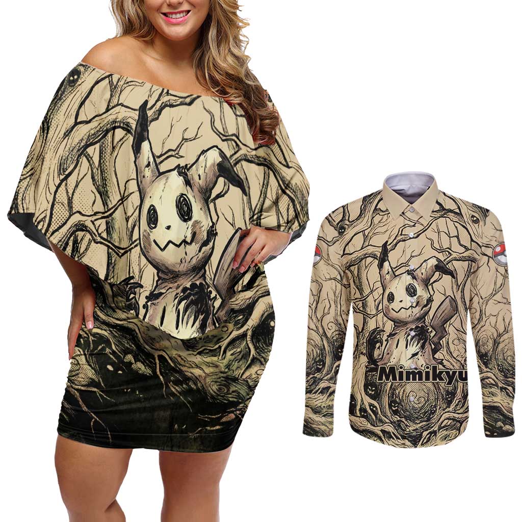 Mimikyu Forest Shadows Couples Matching Off Shoulder Short Dress and Long Sleeve Button Shirt Mimikyu’s Curse - Shadows Beneath the Mask