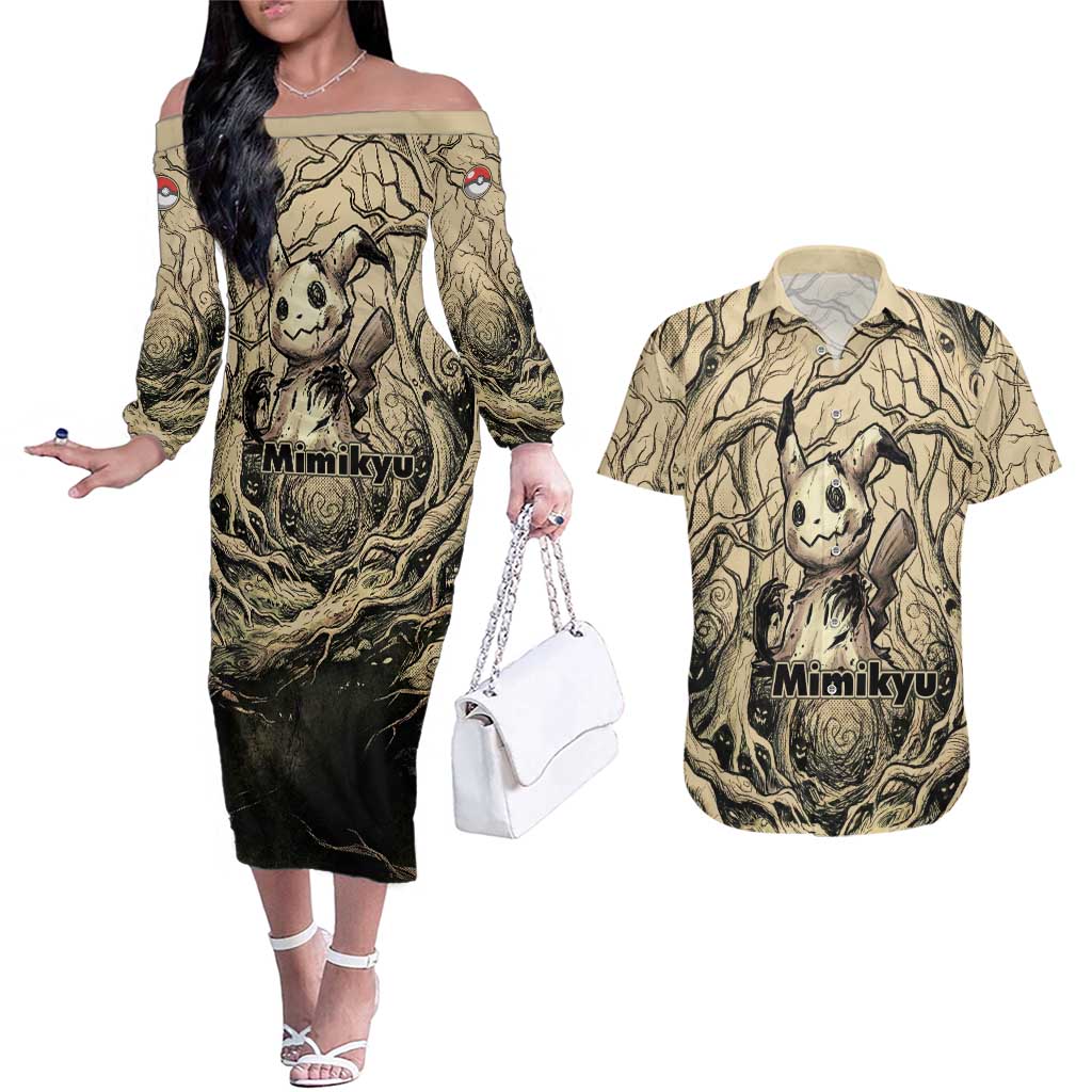 Mimikyu Forest Shadows Couples Matching Off The Shoulder Long Sleeve Dress and Hawaiian Shirt Mimikyu’s Curse - Shadows Beneath the Mask