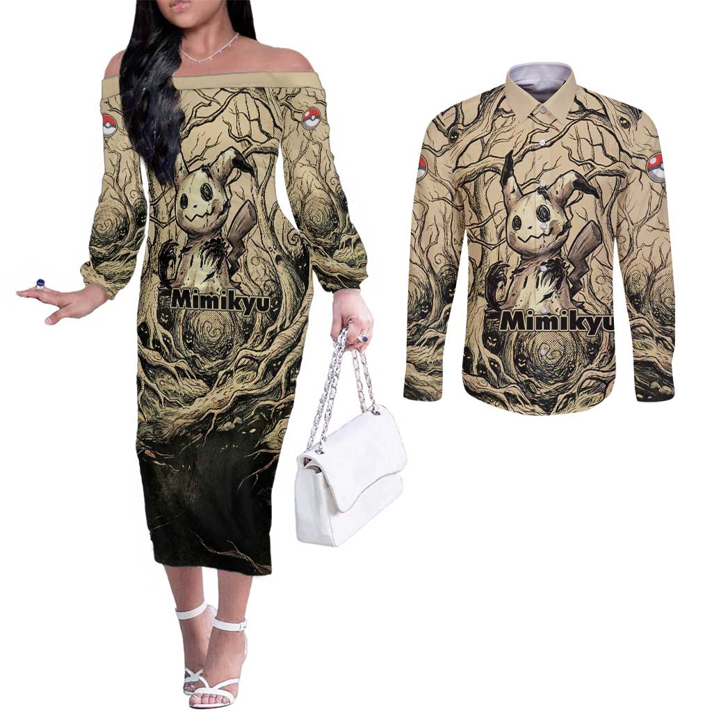 Mimikyu Forest Shadows Couples Matching Off The Shoulder Long Sleeve Dress and Long Sleeve Button Shirt Mimikyu’s Curse - Shadows Beneath the Mask