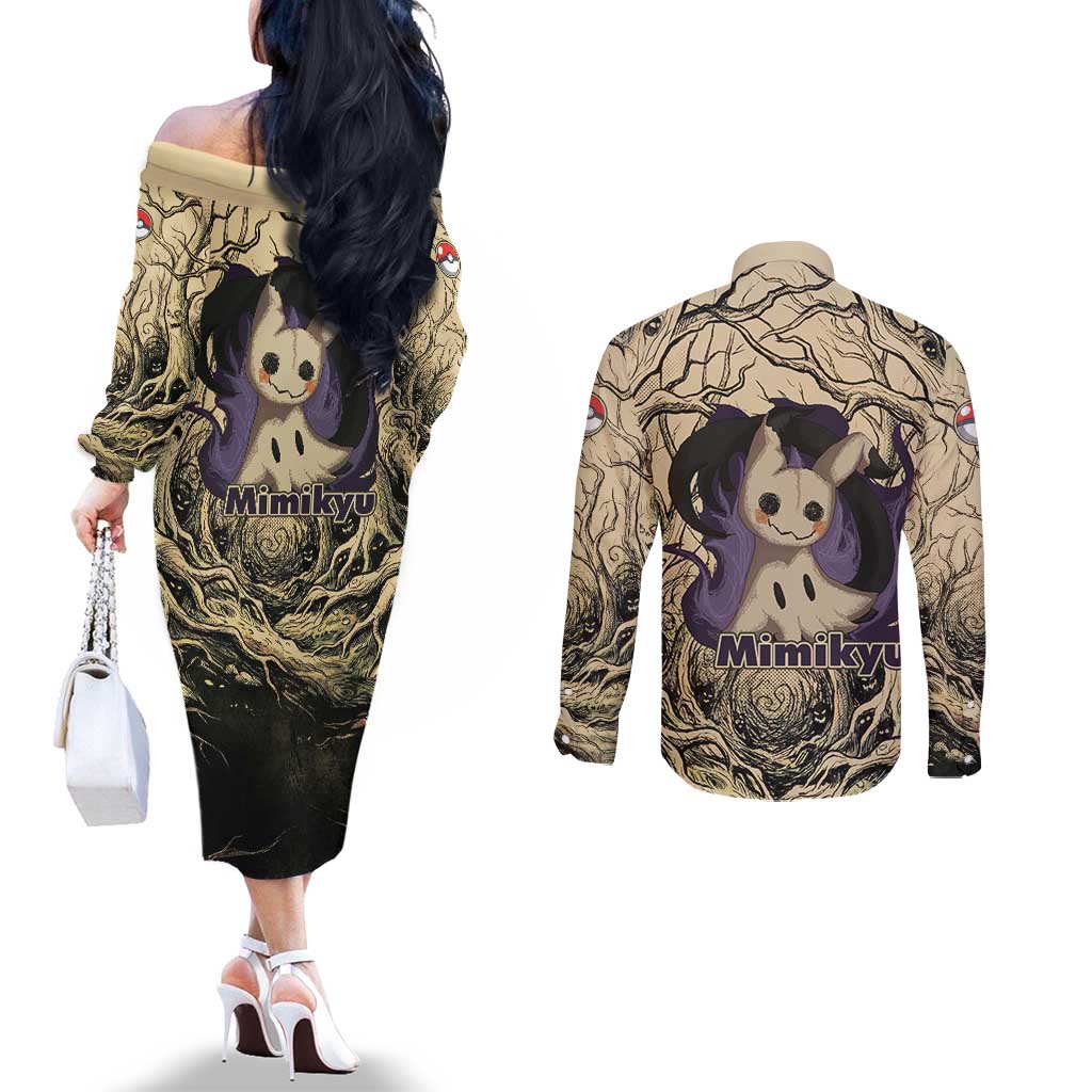 Mimikyu Forest Shadows Couples Matching Off The Shoulder Long Sleeve Dress and Long Sleeve Button Shirt Mimikyu’s Curse - Shadows Beneath the Mask
