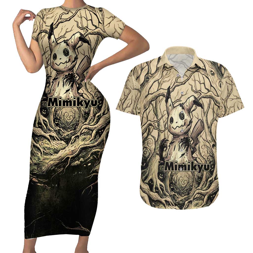 Mimikyu Forest Shadows Couples Matching Short Sleeve Bodycon Dress and Hawaiian Shirt Mimikyu’s Curse - Shadows Beneath the Mask