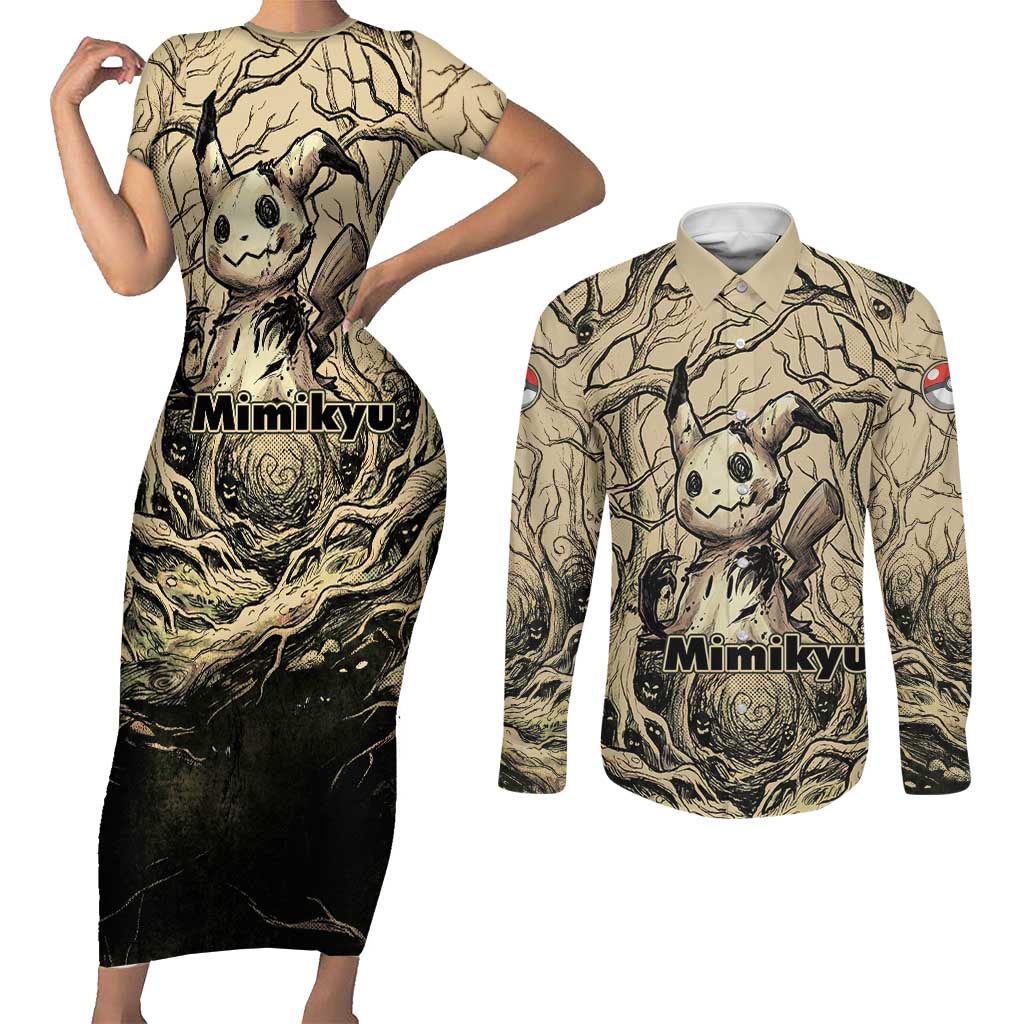 Mimikyu Forest Shadows Couples Matching Short Sleeve Bodycon Dress and Long Sleeve Button Shirt Mimikyu’s Curse - Shadows Beneath the Mask
