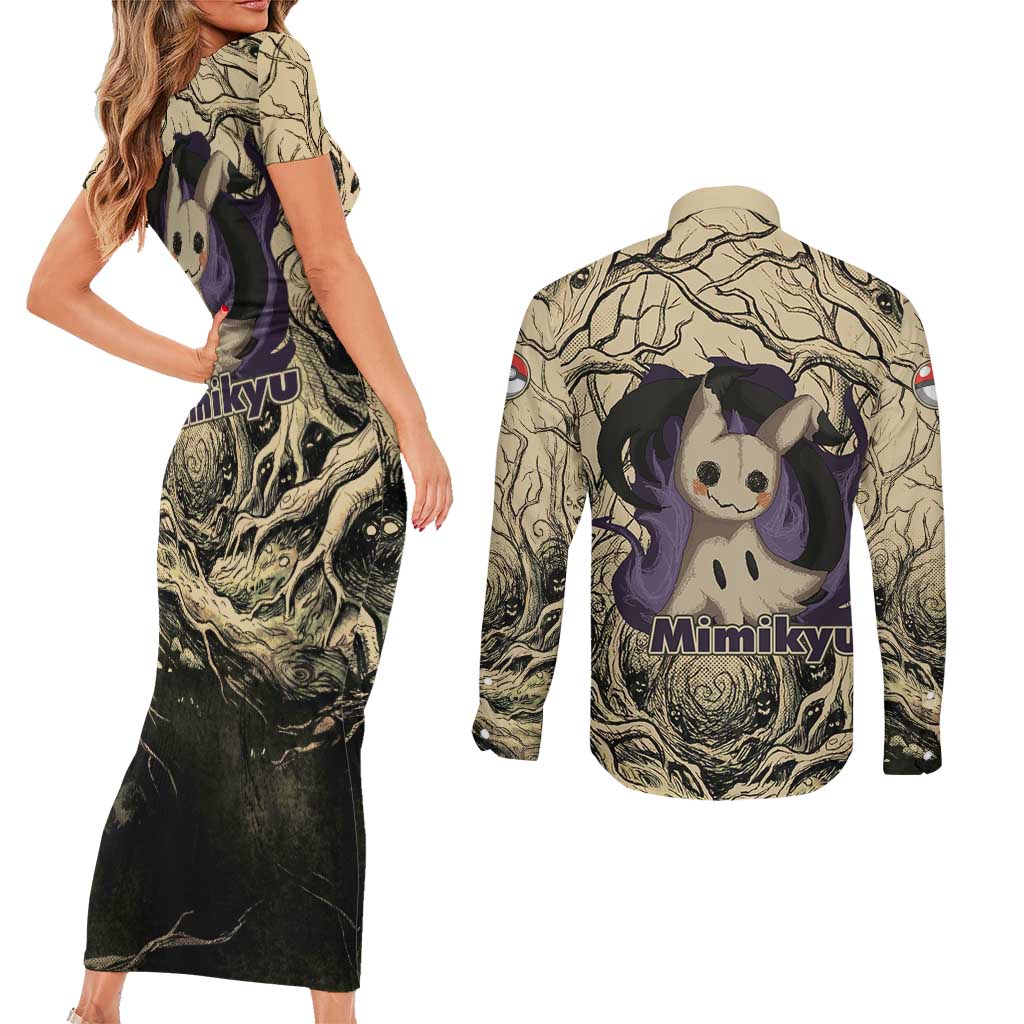 Mimikyu Forest Shadows Couples Matching Short Sleeve Bodycon Dress and Long Sleeve Button Shirt Mimikyu’s Curse - Shadows Beneath the Mask