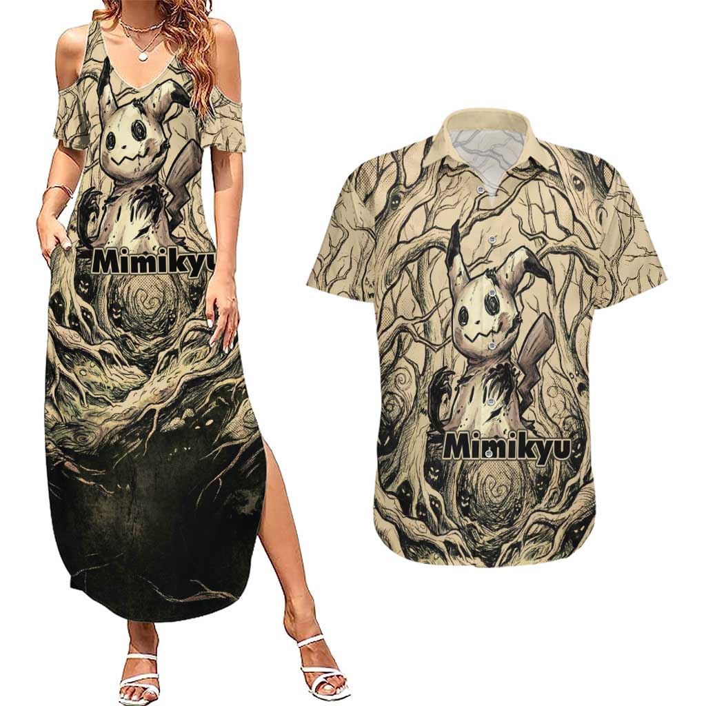 Mimikyu Forest Shadows Couples Matching Summer Maxi Dress and Hawaiian Shirt Mimikyu’s Curse - Shadows Beneath the Mask