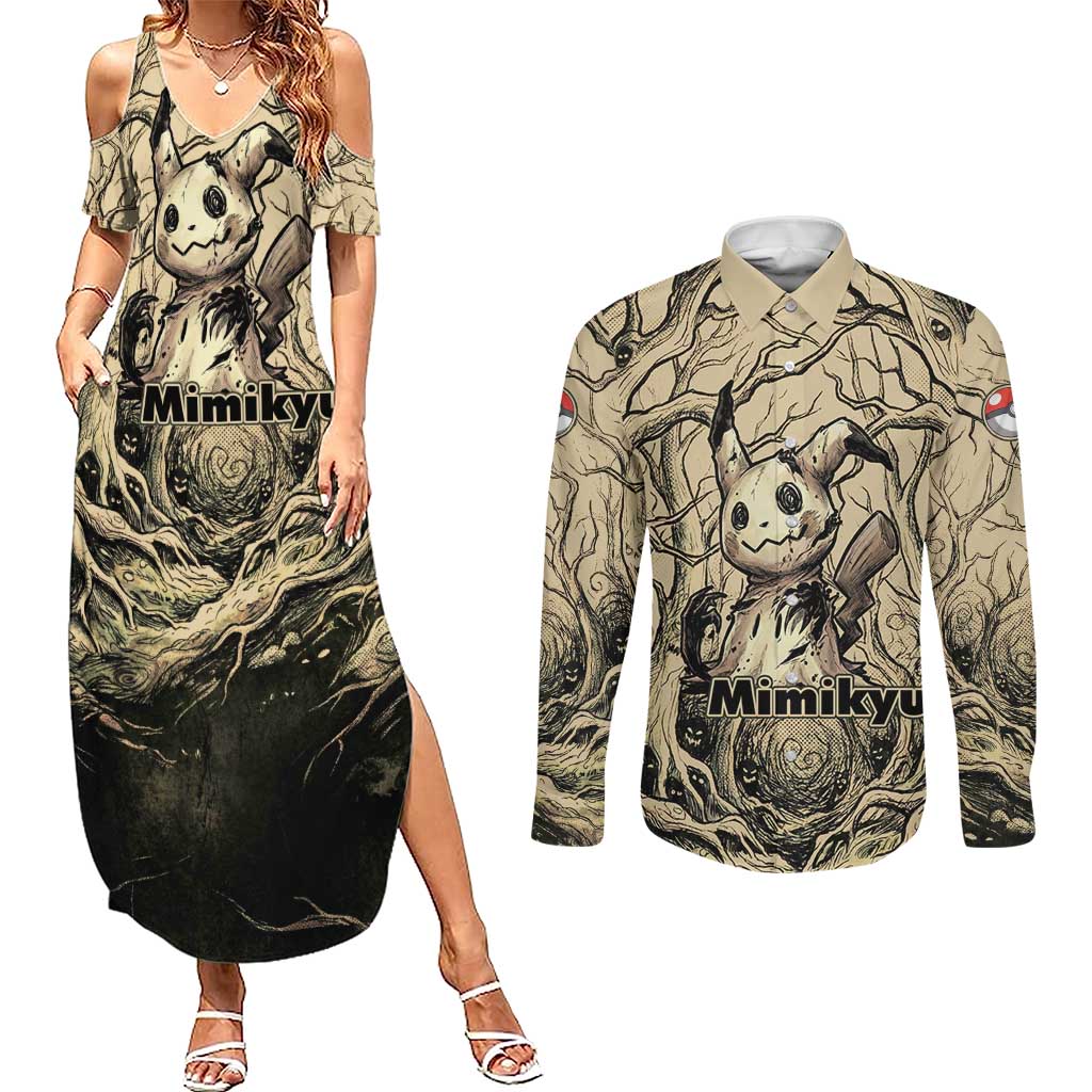 Mimikyu Forest Shadows Couples Matching Summer Maxi Dress and Long Sleeve Button Shirt Mimikyu’s Curse - Shadows Beneath the Mask