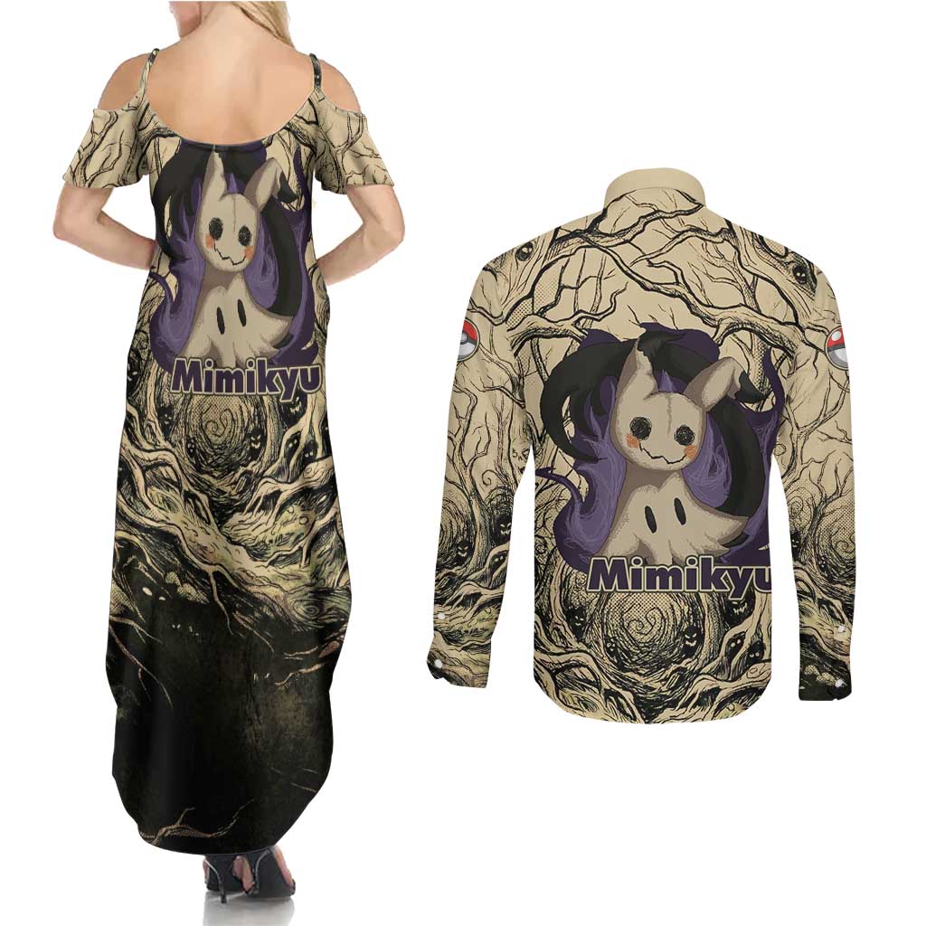 Mimikyu Forest Shadows Couples Matching Summer Maxi Dress and Long Sleeve Button Shirt Mimikyu’s Curse - Shadows Beneath the Mask