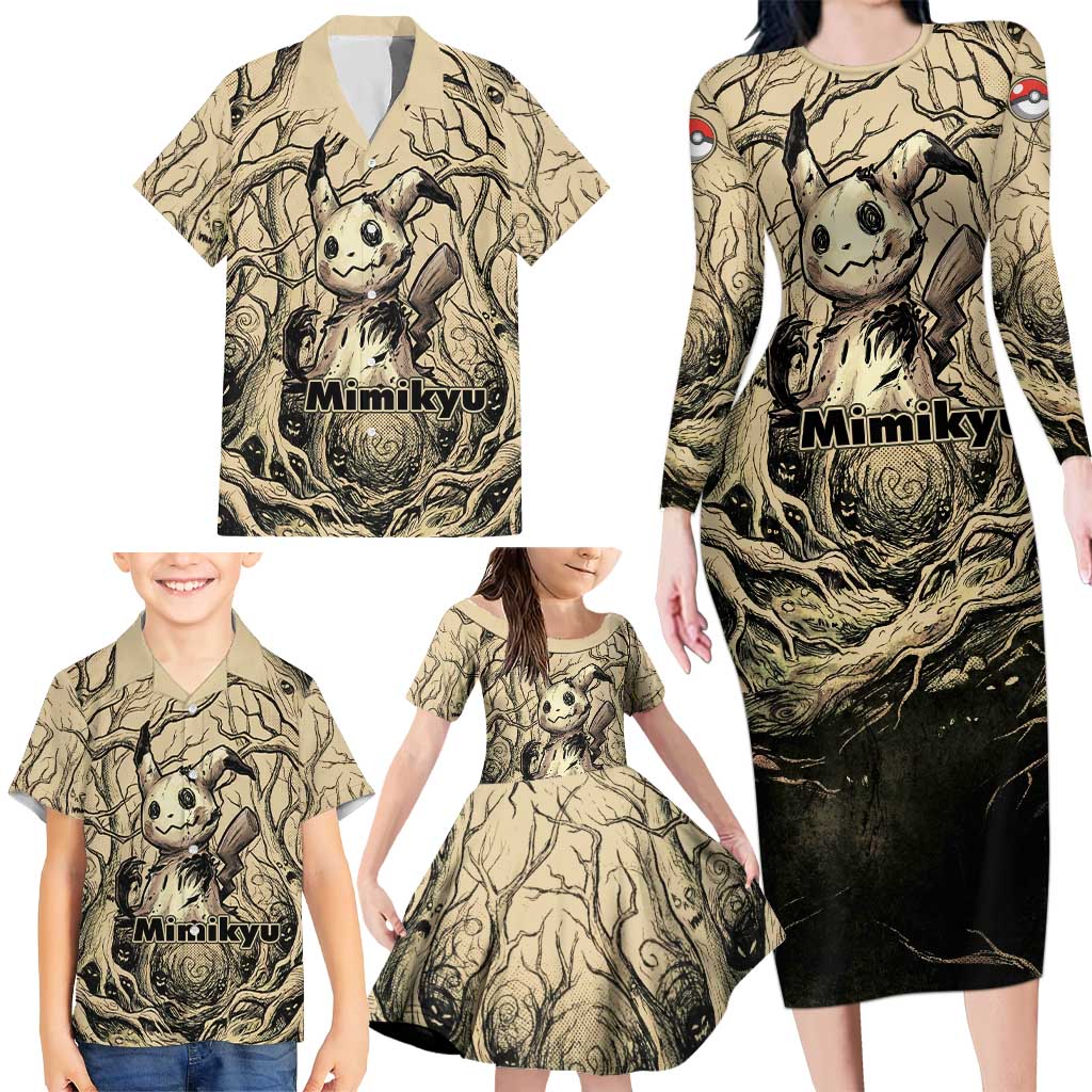 Mimikyu Forest Shadows Family Matching Long Sleeve Bodycon Dress and Hawaiian Shirt Mimikyu’s Curse - Shadows Beneath the Mask