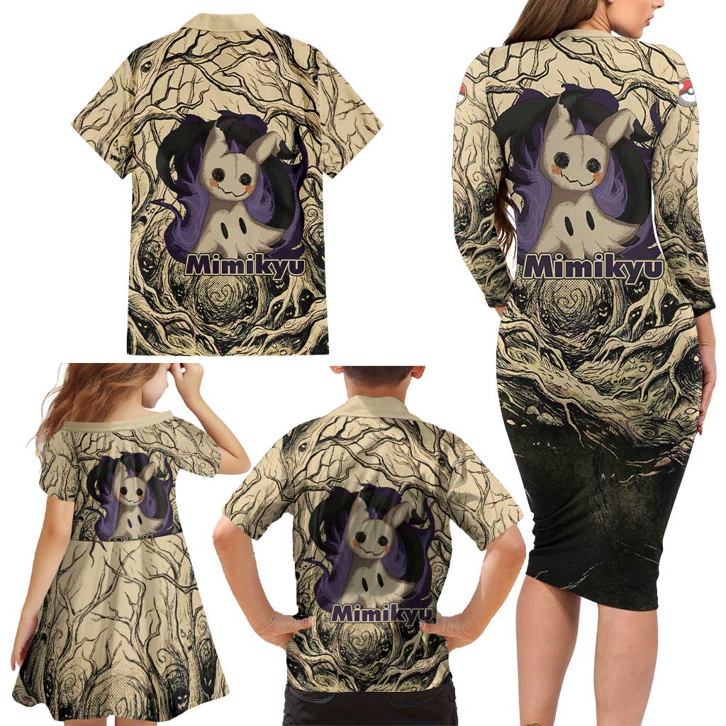Mimikyu Forest Shadows Family Matching Long Sleeve Bodycon Dress and Hawaiian Shirt Mimikyu’s Curse - Shadows Beneath the Mask