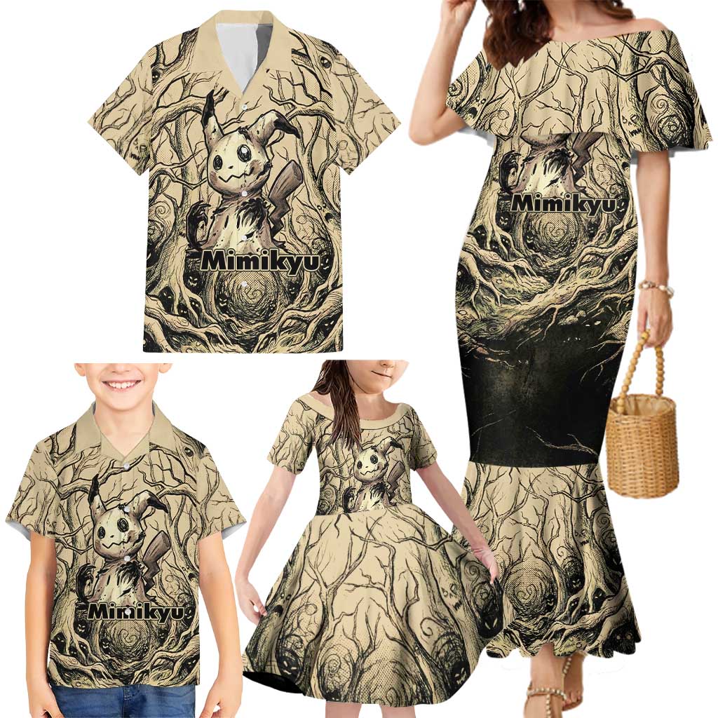 Mimikyu Forest Shadows Family Matching Mermaid Dress and Hawaiian Shirt Mimikyu’s Curse - Shadows Beneath the Mask