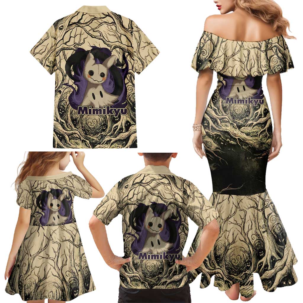 Mimikyu Forest Shadows Family Matching Mermaid Dress and Hawaiian Shirt Mimikyu’s Curse - Shadows Beneath the Mask