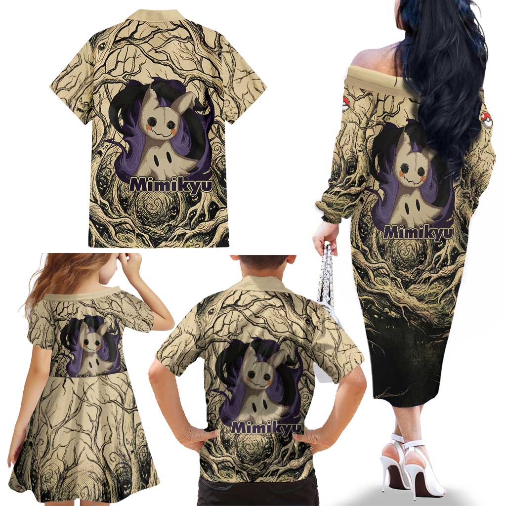Mimikyu Forest Shadows Family Matching Off The Shoulder Long Sleeve Dress and Hawaiian Shirt Mimikyu’s Curse - Shadows Beneath the Mask