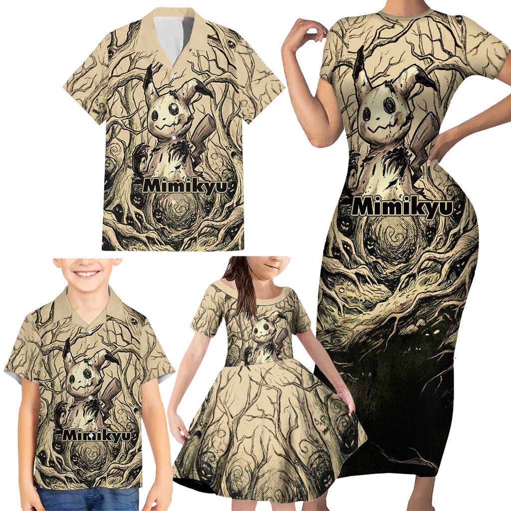 Mimikyu Forest Shadows Family Matching Short Sleeve Bodycon Dress and Hawaiian Shirt Mimikyu’s Curse - Shadows Beneath the Mask