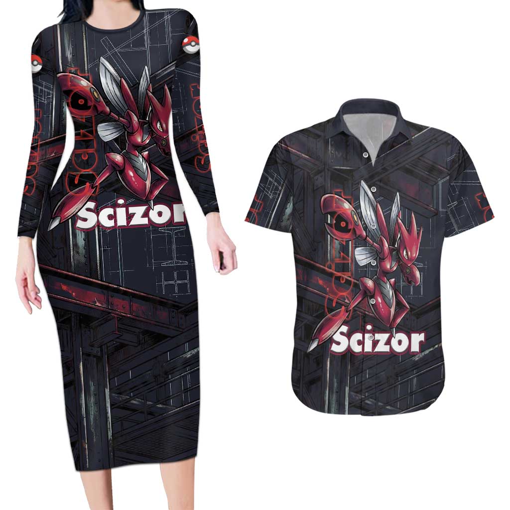 Scizor Battle Armor Couples Matching Long Sleeve Bodycon Dress and Hawaiian Shirt Scizor’s Domain - Claws of Precision