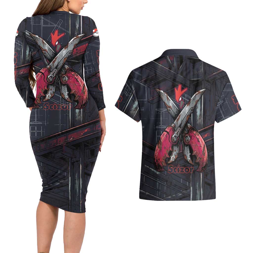 Scizor Battle Armor Couples Matching Long Sleeve Bodycon Dress and Hawaiian Shirt Scizor’s Domain - Claws of Precision