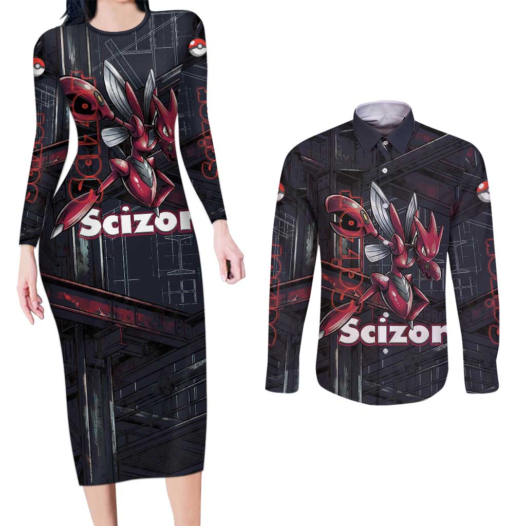 Scizor Battle Armor Couples Matching Long Sleeve Bodycon Dress and Long Sleeve Button Shirt Scizor’s Domain - Claws of Precision